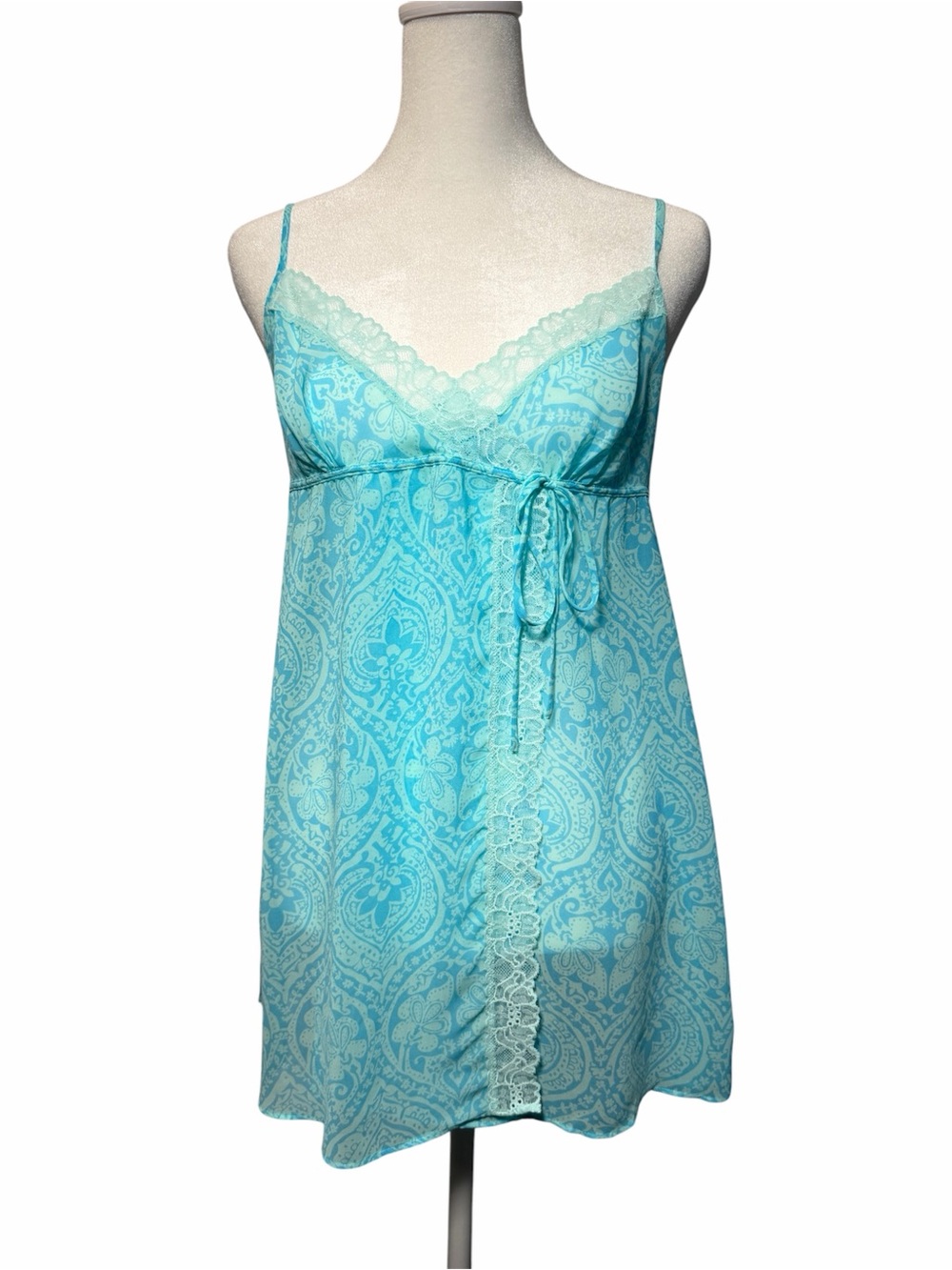 VTG Victoria's Secret Aqua Paisley Babydoll Slip Dress Lace Y2K Sheer Lingerie M